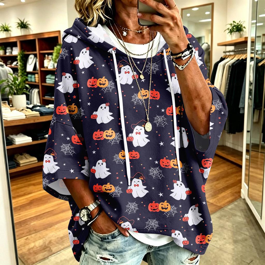 Women's Hoodie with Halloween Print, Loose Fit Casual Pullover Top