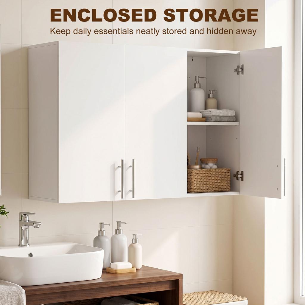 Bathroom Wall Cabinet, Wall-Mounted Bathroom Storage Cabinet with 3 Doors, Adjustable Shelf for Kitchen, White
