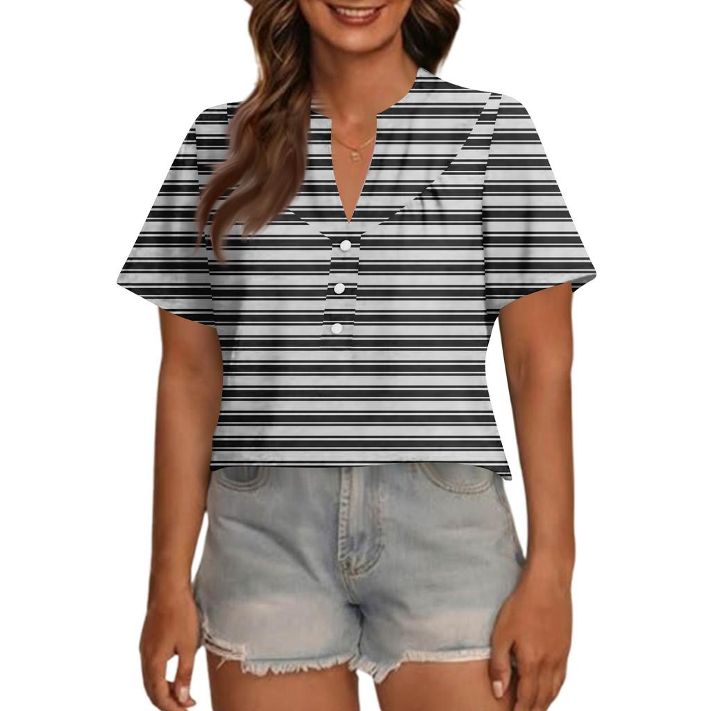 Women's Fashionable Casual V Neck Button Up Oversized Short Sleeve Printed Top