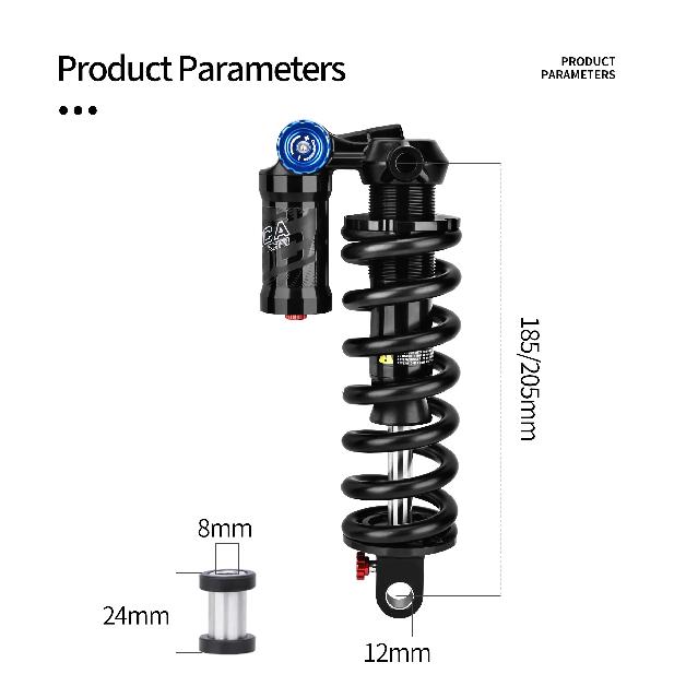 RCT3 Bicycle Trunnion Mount Rear Shock 185/205mm Coil Spring Shock 550LBS MTB Soft Tail Bicycle Rear Shock Absorber