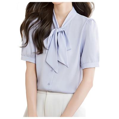 Bowtie Blouse for Long Short Loose Everyday Summer Short Sleeve [billevan] Women, Shirt, Sleeve, Sleeve, Chiffon, Ribbon, Bowtie, Refreshing, Top,