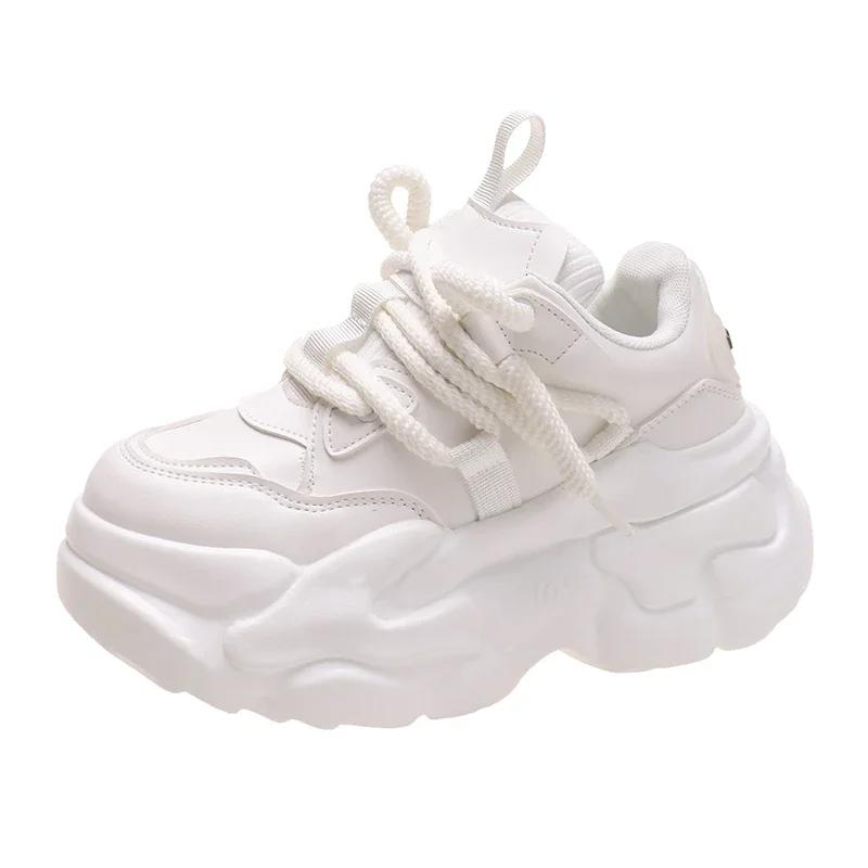 

Большие размеры 43, женские повседневные кожаные туфли на высокой платформе, новые осенние массивные кроссовки на танкетке 7 см со скрытым каблуком, женская обувь для отдыха 35