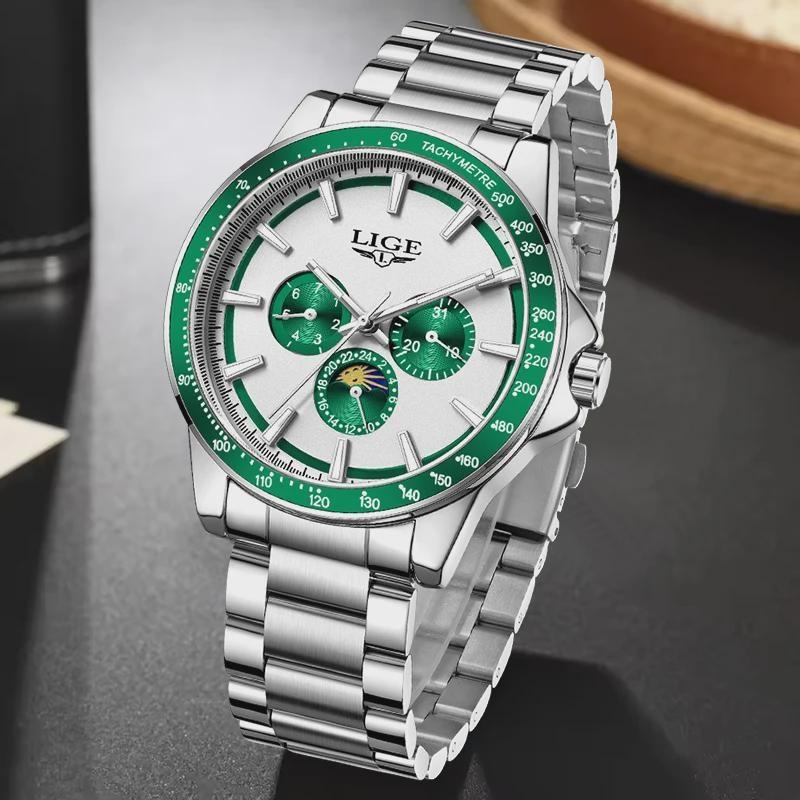 Men Quartz Wrist Watch Luminous Scale Waterproof Steel Strap Chronograph Watch with Calendar 24H Display