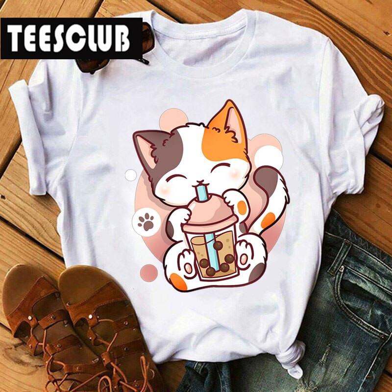 Milk Tea Cat Print Bubble Tea Animal TShirt Unisex Couple Trendy Personalized Womens Clothing Soft Cotton Short Sleeve Tshirt