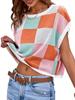 Women's Color Block Cropped Knit Top Cap Sleeve Crew Neck Summer Short Sweater