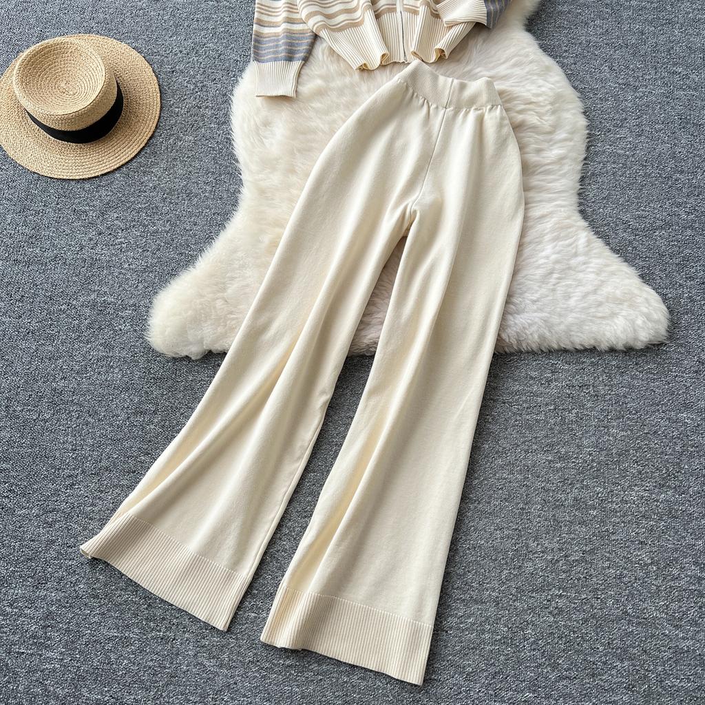 Toamnă Iarnă Pulover tricotat cu dungi Pantaloni Set două piese Jachetă cu fermoar Jachetă și pantaloni cu picioare largi Trening