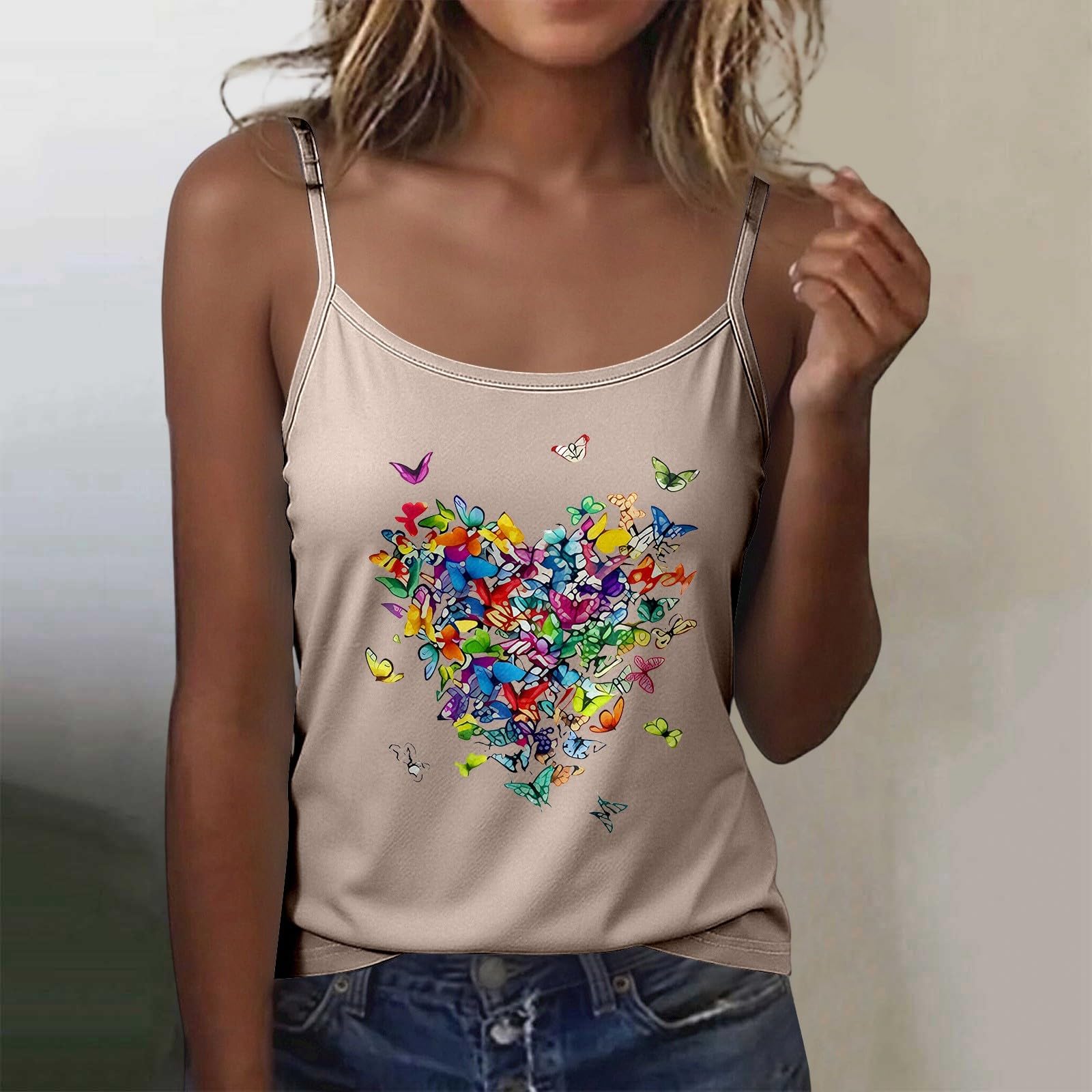 

Women Sleeveless Tank Top Slim Fit Stretchy Basic Round Neck Camisole Casual Summer Shirt with Butterfly Heart Print XXL хаки