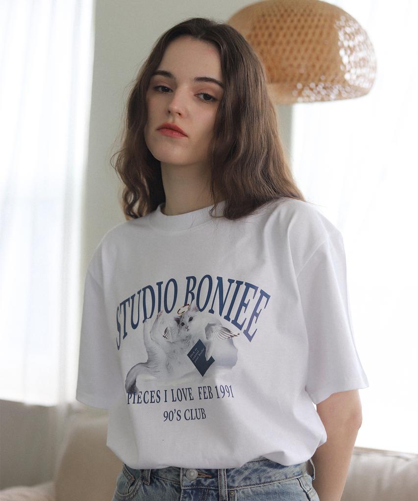 BONIEE Angel Cat Kitten Graphic Loose Oversized T-Shirt White