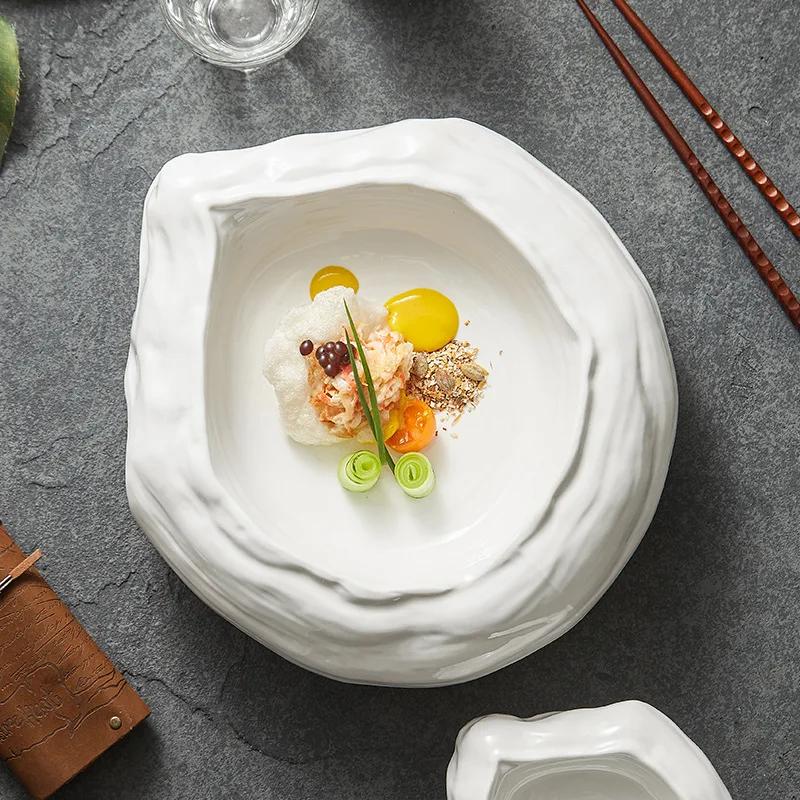 Irregular sharp-angled double bowls, restaurant and club dishes, ceramic tableware, special salad , cooking .