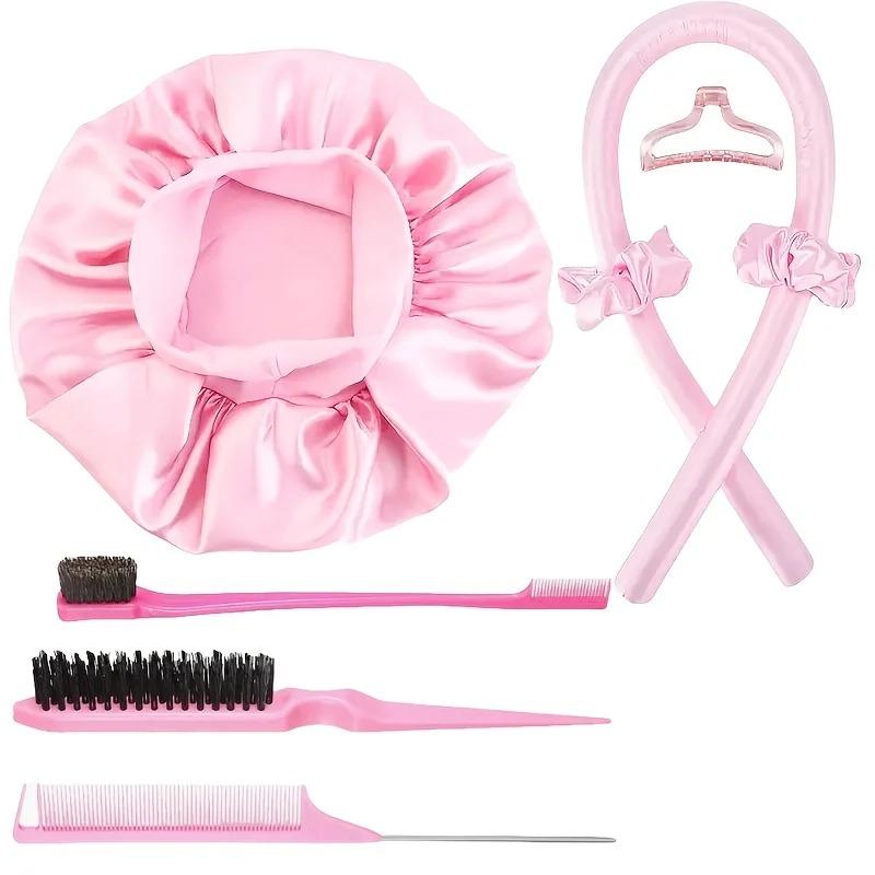 3/5/8pcs No-Heat Curling Iron Set with Satin Sleep Cap Hair Clips Comb Hair Tie Women's Heatless Overnight Styling Tools