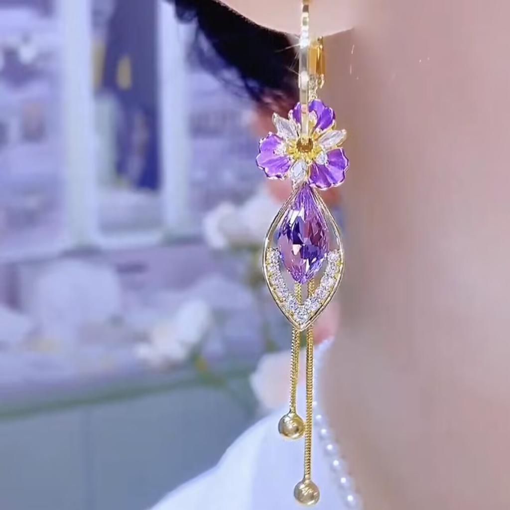 Fashionable and High-end Purple Zircon Flower Tassel Earrings for Women, Light Luxury and Versatile Earrings Fashion Trend