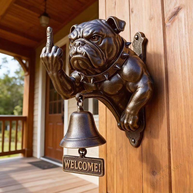 Rustic Cast Iron Doorbell Funny Vertical Middle Finger Bulldog Design Dog Door Ring Hanging Ornament For Front Door Decor
