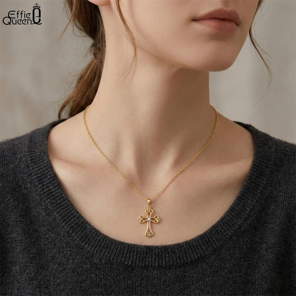 Effie Queen 100% S925 Silver 14k Gold Cross Shaped Round Zirconia Pendant Necklace Religious Jewelry for Women, Men Casual APN42