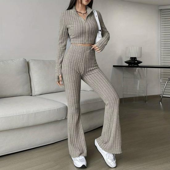 2 Pcs/Set Women Spring Commuting Outfit Top Flared Pants Set Zipper Closure Thread Stand Collar Coat High Waist Sport Tracksuit Elastic Daily Clothes