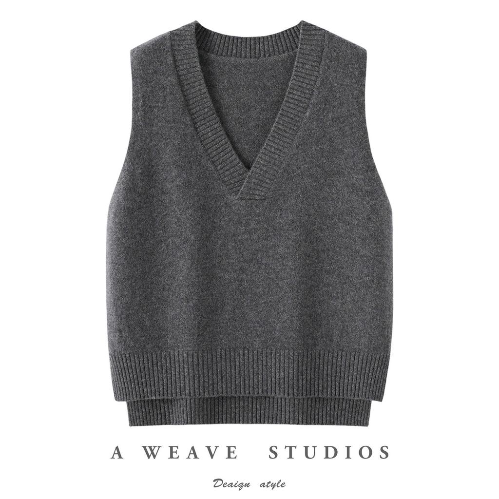 Spring, autumn and winter ins simple V-neck retro pure wool vest knitted women's pullover loose and thin sleeveless vest top