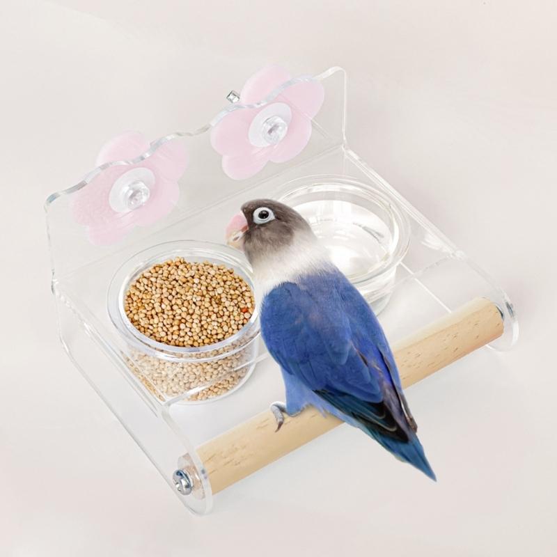 Clear Hanging Double Bowl Bird Food Dispenser And Drinking Cup with Perch Wood Rod For Small Birds Parakeets Finches