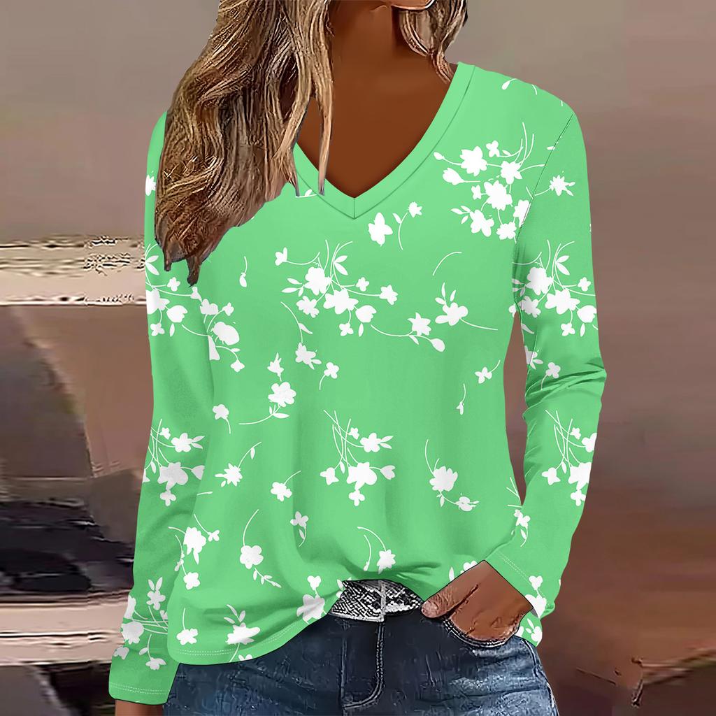 Evropská a americká móda Dámské elegantní tričko s výstřihem do V a dlouhým rukávem