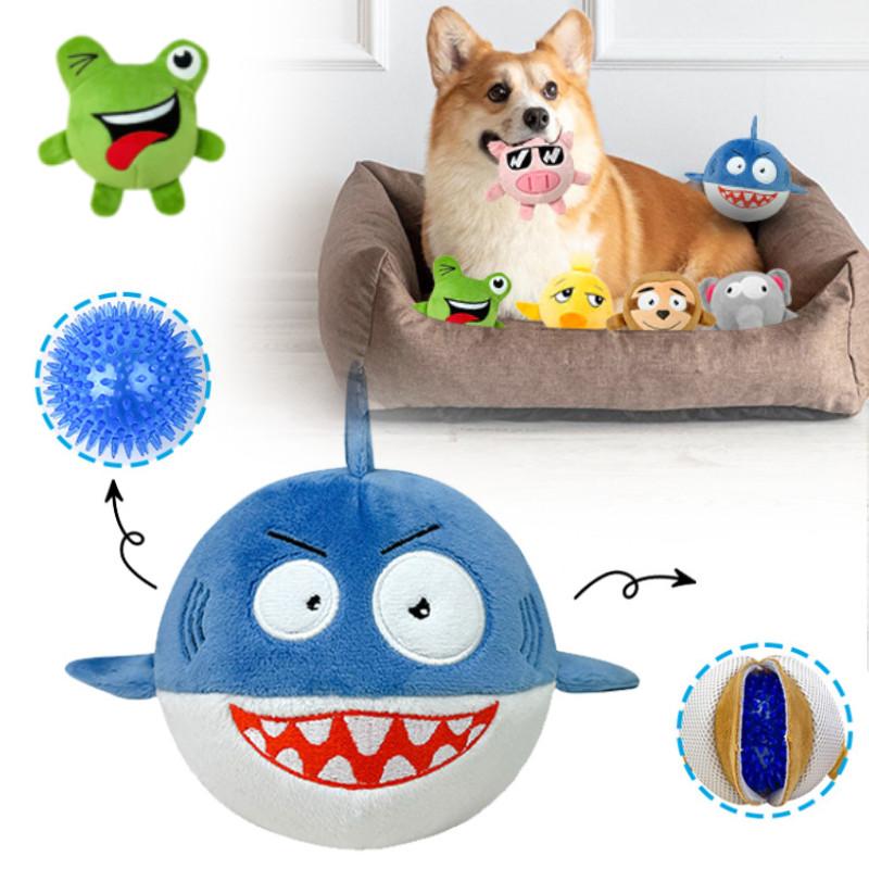 Durable Plush Frog Shark Animal Double Layer Bite Resistant Bouncy Ball For Dogs