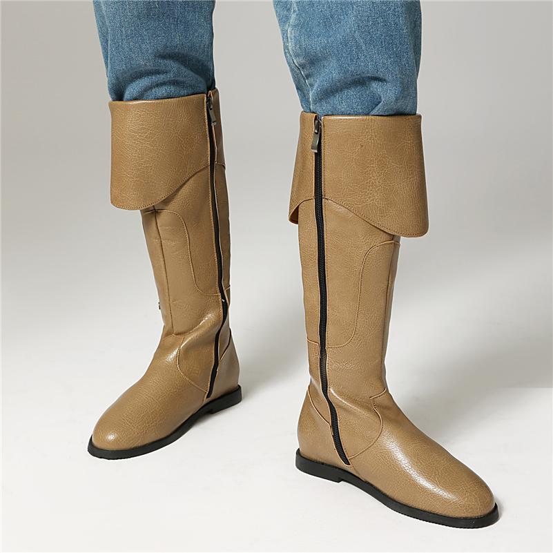 Women Mid Calf Boots Round Toe Flats Zipper Concise Design Ladies Fashion Casual Shoes Autumn Winter Khaki Brown 46