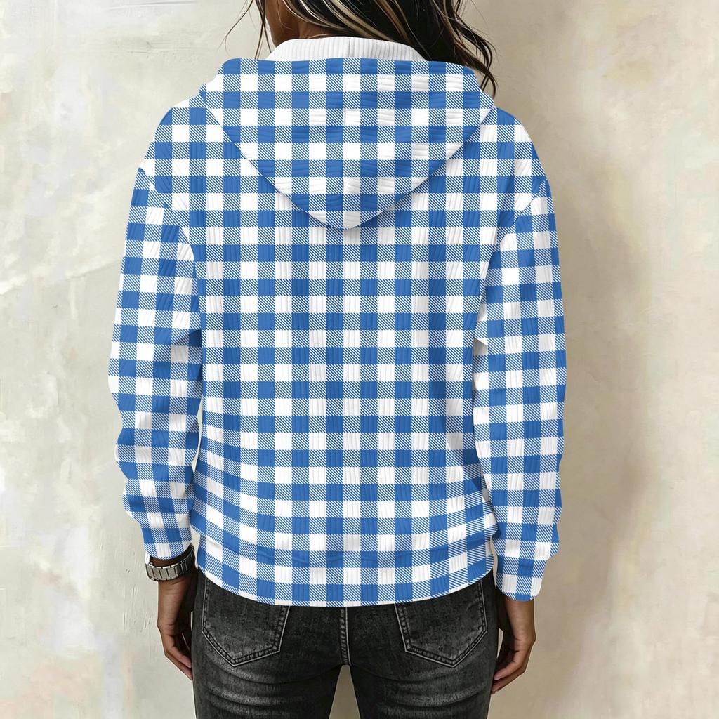 Women's Fashion Long Sleeve Plaid Print Hoodie Pullover with Casual Top