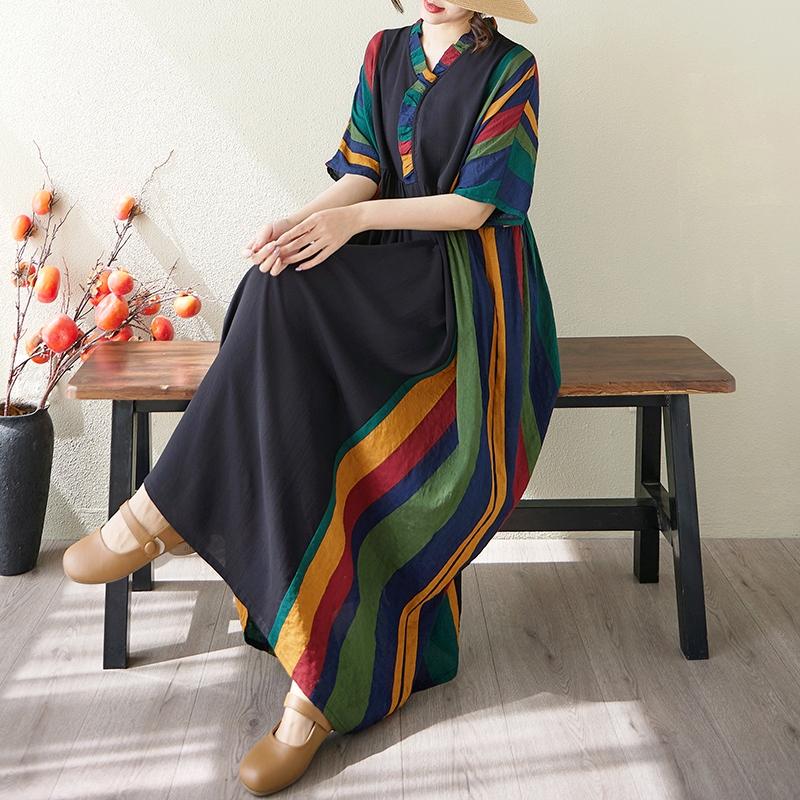 DIMANAF 2025 Sommar Plus Size Klänning Dam Casual Lång Vintage Linneklänning Lös Basic Kortärmad Klänning