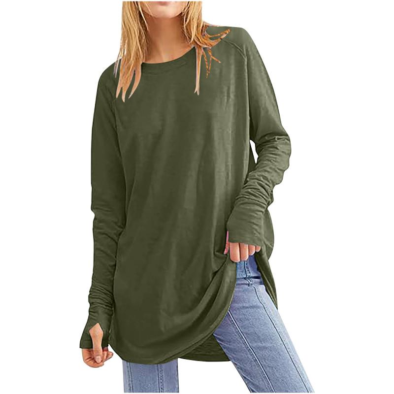 Tops Women’s Solid Color Loose Round Neck Long Sleeve Thumb T-shirt Top Women