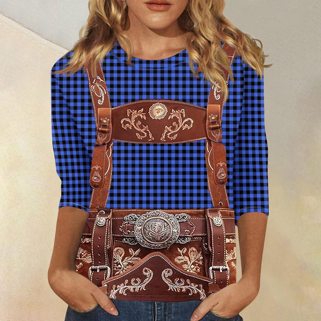 Women's Fashion Casual Three Quarter Sleeve Oktoberfest Print Round Neck Top Suitable for Seasonal Wear and Daily Casual Outfits