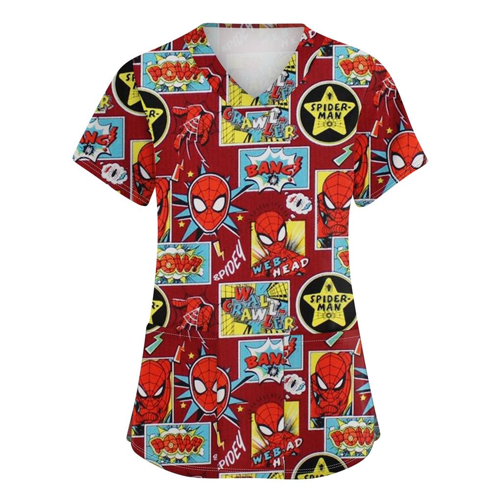 Women's Fashion V-neck Short Sleeve Workwear With Pockets Printed Tops