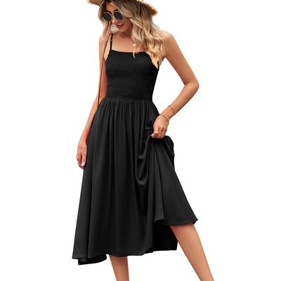 Women Summer Long Dress Casual Elastic Sleeveless Mid-calf Solid Color Sundress