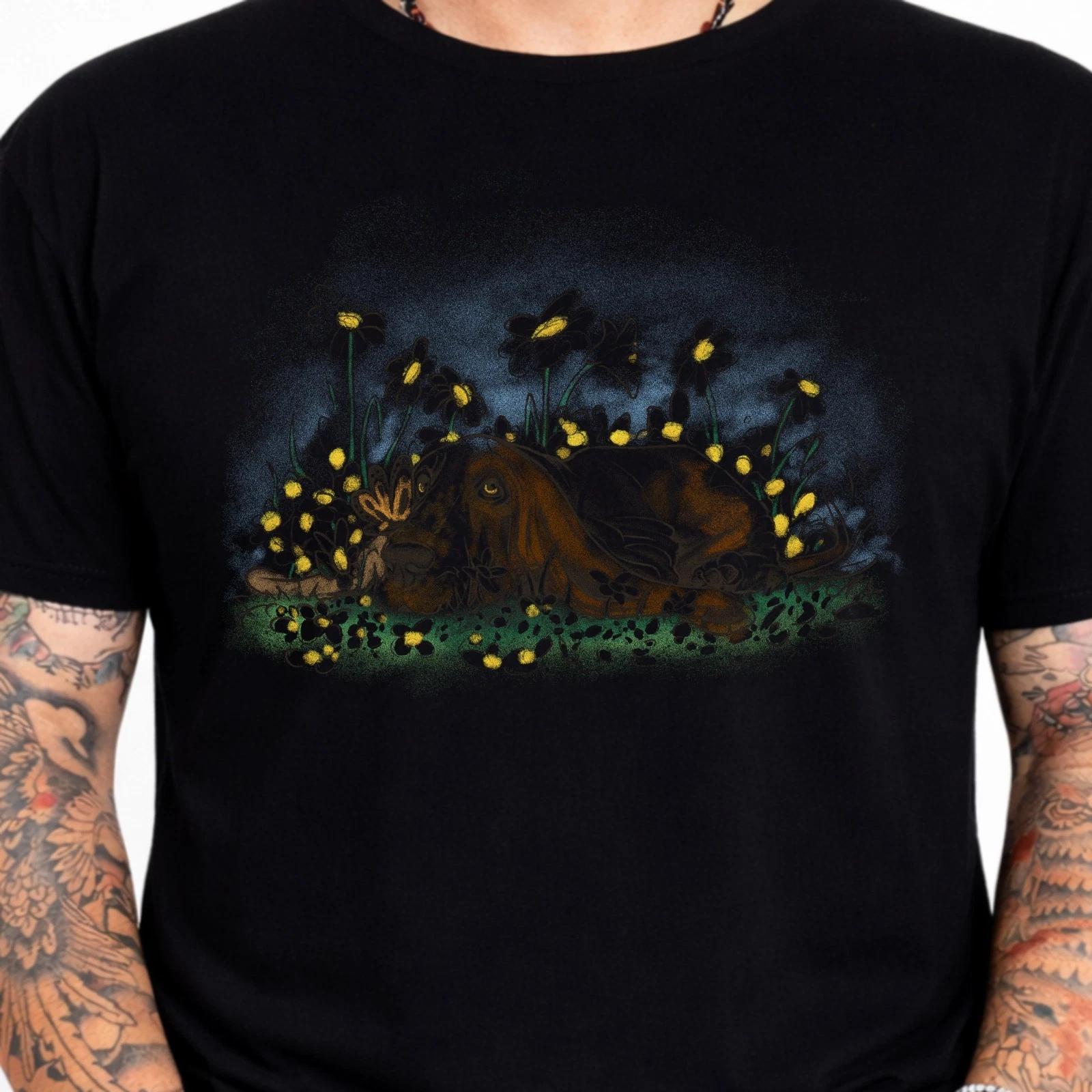 Basset Hound Firefly Night Floral Graphic Tee Dog Lover Nature Art T-Shirt. XL