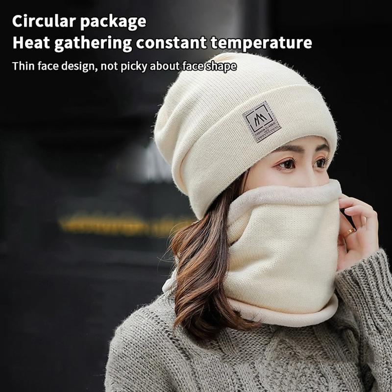 Women Knitted Beanie+Scarf Sets Thicken Velvet Lining Pullover Cap Unisex Winter Warm Plush Bonnet Neck Protection Scarves Hat
