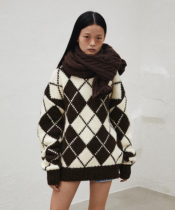 GREENBUTTER Argyle Knit Pullover (Cream/Brown)