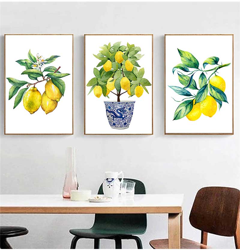 Bonsai Canvas Painting Art Blue White Willow Style Lemon Poster Kitchen Decor Lemon Print Planter office decoration