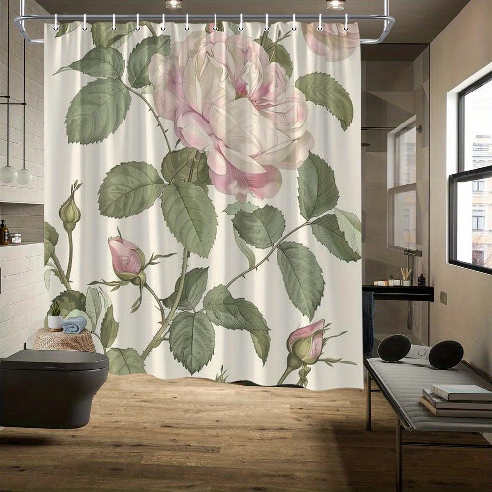 Elegant Pink Floral Shower Curtain, Vibrant Rose & Green Leaves Design, Perfect for All-Season Bathroom Decor