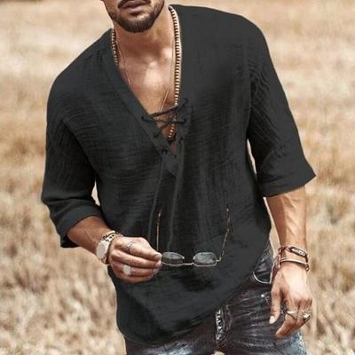 Camicia da uomo estiva con lacci, scollo a V, maniche corte, ampia, colore puro, retrò, da indossare ogni giorno, asciugatura rapida, sottile, casual, lunghezza media