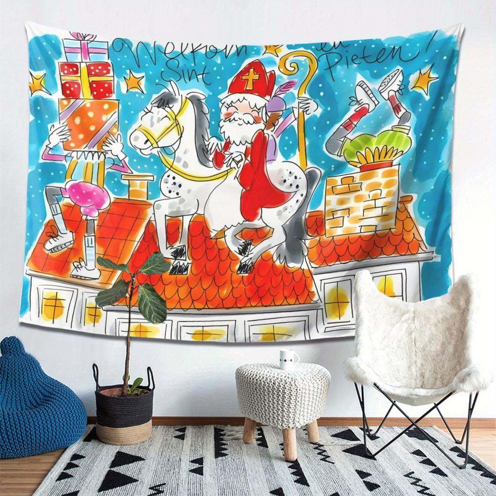VIKAMA Christmas Tapestry Saint Nicholas and Piet Print Bedroom Entryway Feature Wall Decor Tapestry Home Decor