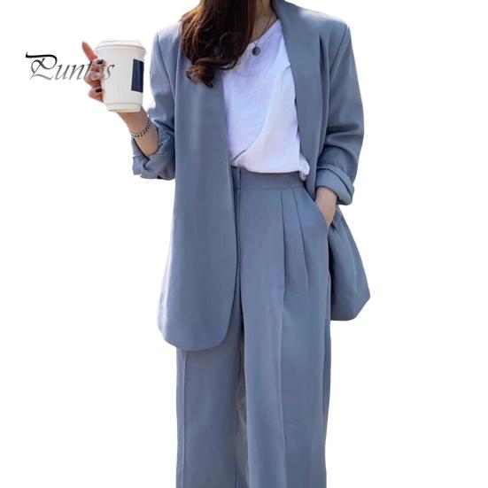 2 ks/sada Lady Formal Coat Kalhoty Set Dlouhé rukávy Otevřený steh Kardigan Střední délka Bunda Volný Rovný Široká noha Kalhoty s vysokým pasem Formální Business