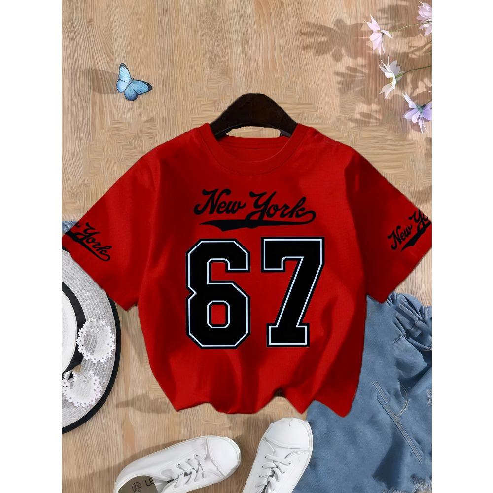 Girls' Number 67 New York Print Summer Short-Sleeve  T-Shirt Pink Elastic Round Neck Children's Top Fashion Design