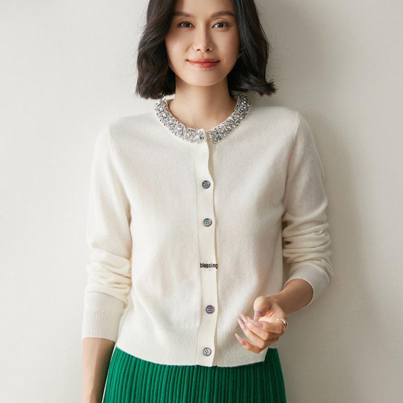 2026 Spring Women's Wool Cardigan: Round Neck Rhinestone Cashmere Sweater - Loose Knit Outerwear