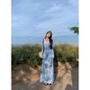 Blue tie-dye long-sleeved dress for women's summer new fashion long dress, hot body, hip-wrapped fishtail dress
