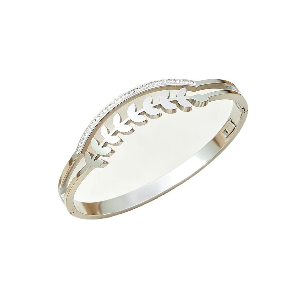 Wheat ear hollowed-out diamond-encrusted titanium steel bracelet, light luxury leaf clasp wristband, versatile and exquisite, non-fading, suitable