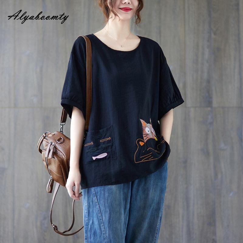 Korean Style Plus Size Summer Women Ramie Top O Neck White Black Blue Casual Loose T-Shirt Cartoon Embroidery Oversized Ladies' Tee