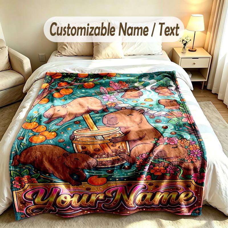 Capybara Theme Soft Blanket Personalized Custom Name Text Print Warm Blanket Home Sofa Bedroom Decor
