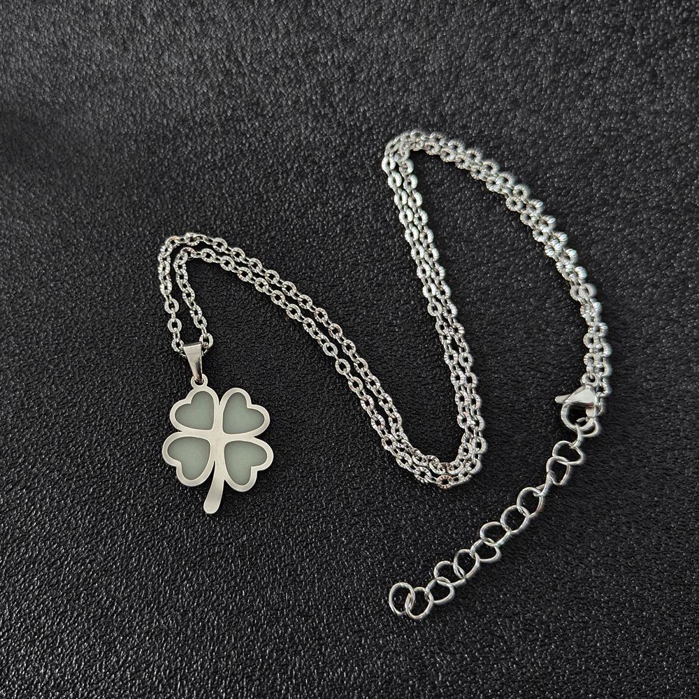 Luminous Stainless Steel Four-Leaf Clover & Glowing Gourd Pendant Necklace