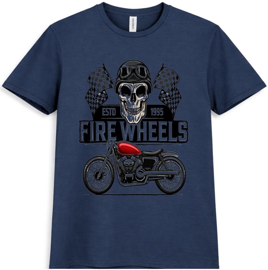 Motorcycle T Shirt Skull Rider Fire Wheels Biker Vintage Racing Graphic Tee