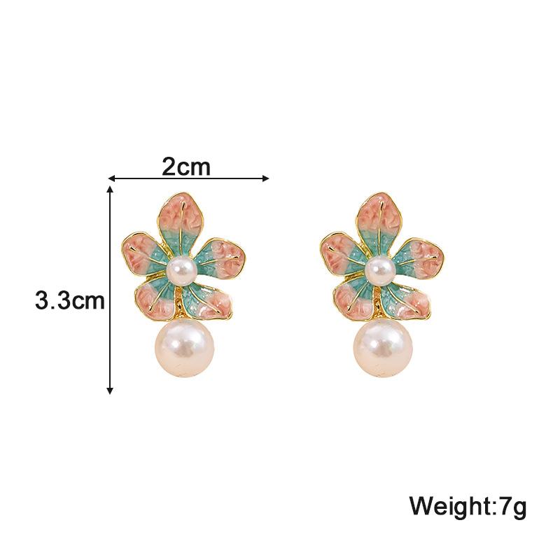 Pink Green Flower Dangle Earrings Imitation Pearl Ball Pendants Lovely Cute Plant Element Enamel Colorful Hanging Earrings
