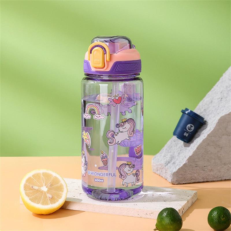

600Ml Cartoon Children S Plastic Straw Cup Summer Student Straw Cup Outdoor Portable Straw Kettle Cartoon Flask Water Bottle