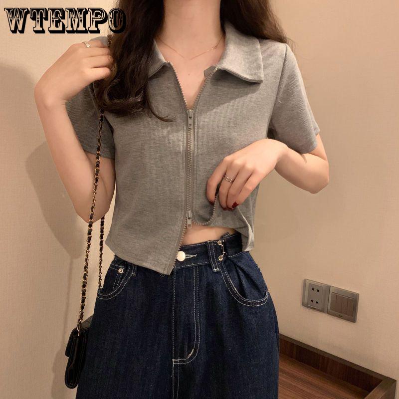 WTEMPO T-shirt da donna con doppia cerniera, manica corta, estiva, con colletto polo, tinta unita, casual, slim, cropped, maglieria