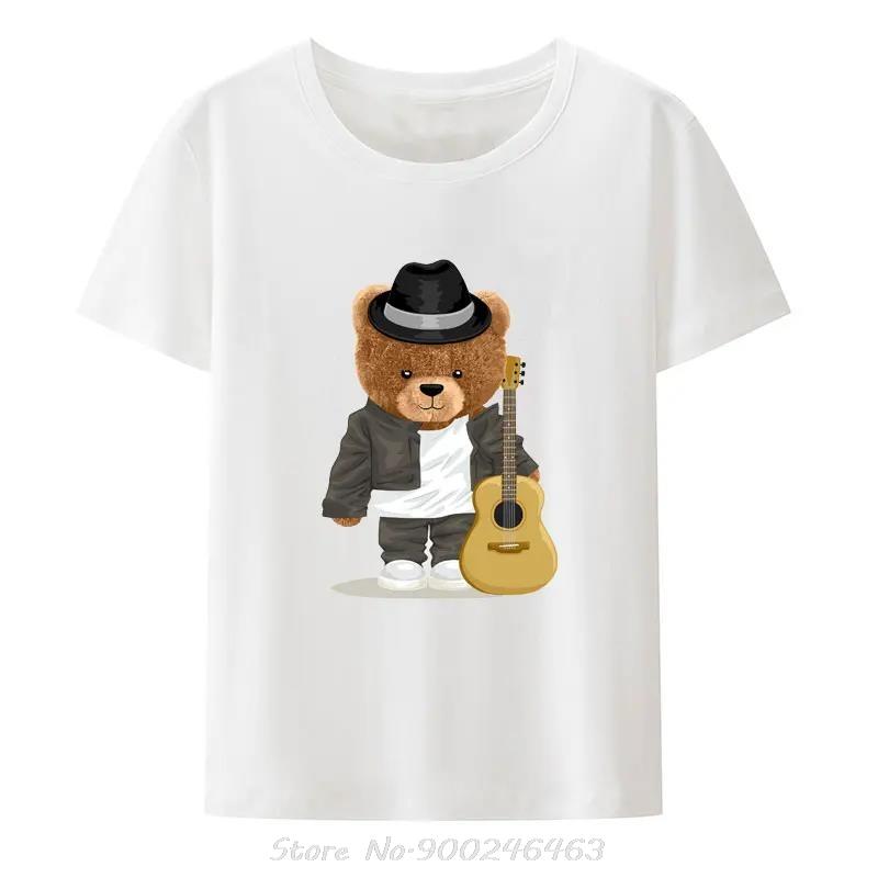 

Creative Cool Bear In Musician Costume With Acoustic Guitar Print Tshirt Comfortable Breathable Y2k Graphic Tshirt Unisex T Shirt S
