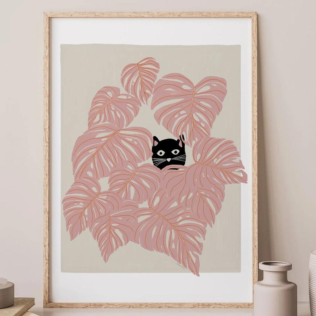 Cute Cat Print Poster Simple Cat Lines Love Sunflower Cat Wrestling Cat Cat Lover Gift Home Bedroom Living Room Office Decor